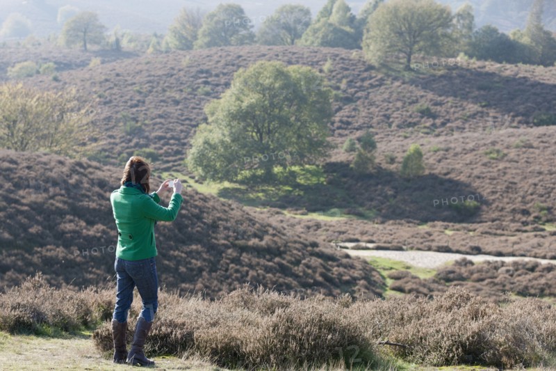 The Netherlands, Veluwezoom, Posbank, Woman using camera in countryside. Photo : Jan Scherders