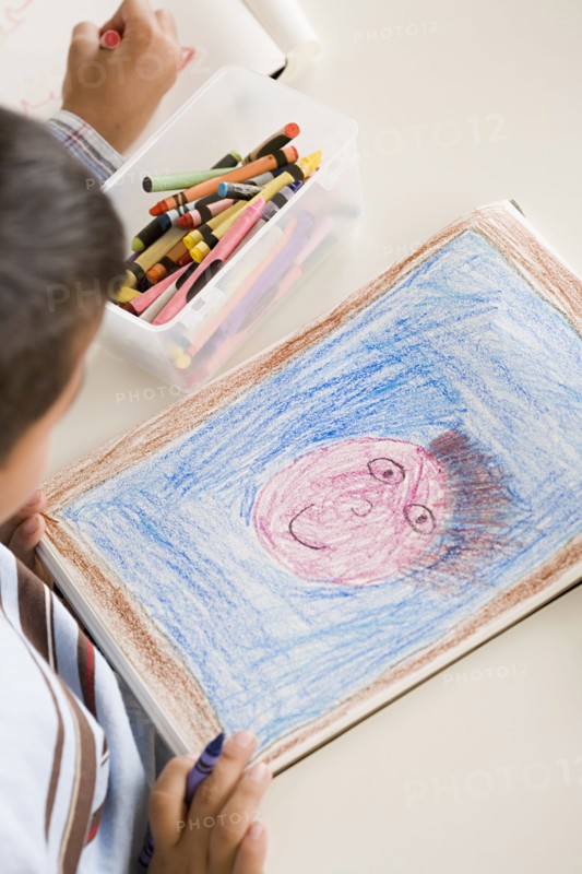 Boy (6-7) drawing in classroom. Photo : Rob Lewine