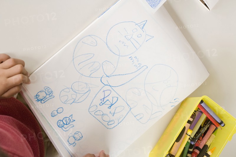 Child's drawing (6-7), high angle view. Photo : Rob Lewine