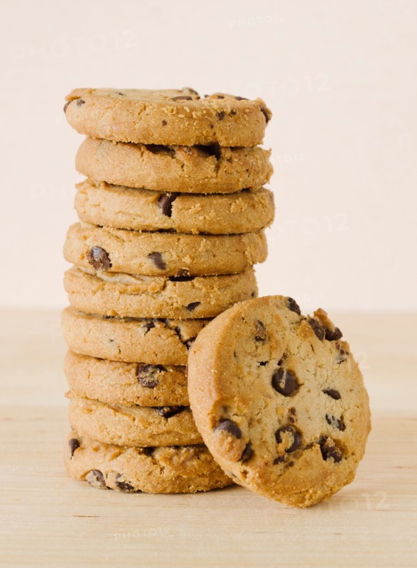 Close up of chocolate chip cookies, studio shot.