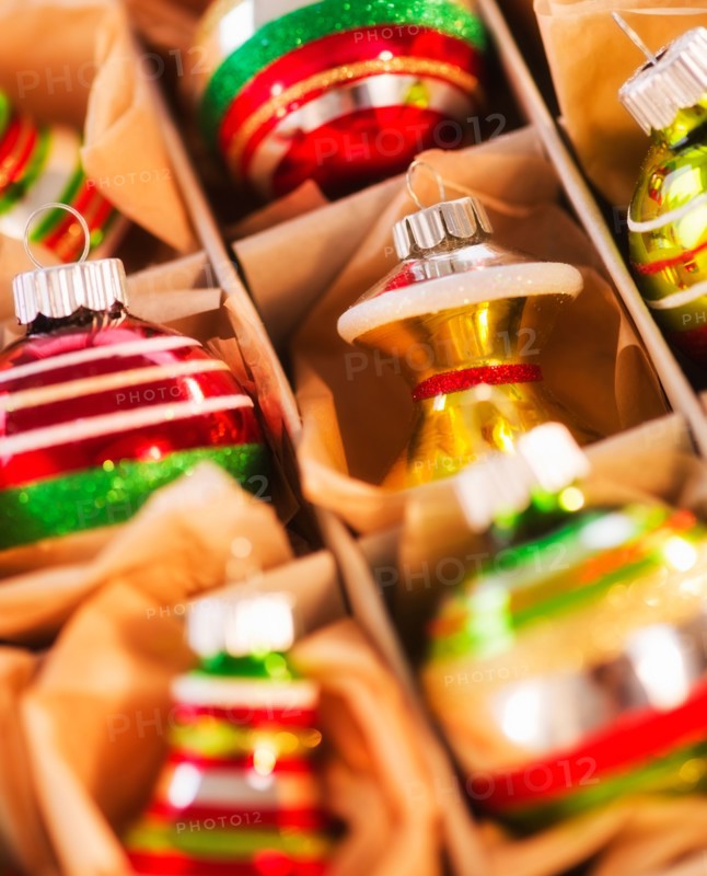 Christmas baubles in box. Photo : Daniel Grill