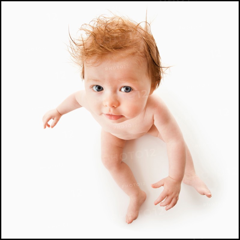High angle view of baby girl (6-11 months) sitting, studio shot. Photo : Mike Kemp