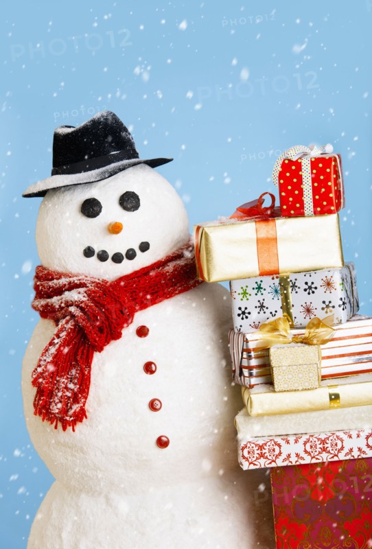 Studio shot of snowman with Christmas presents.