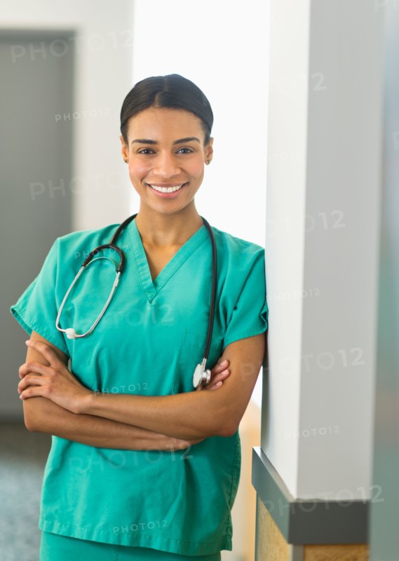 Portrait of female nurse in hospital.