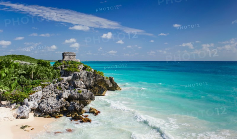 Mexico, Yucatan, Tulum. Beach with ancient Mayan ruins.