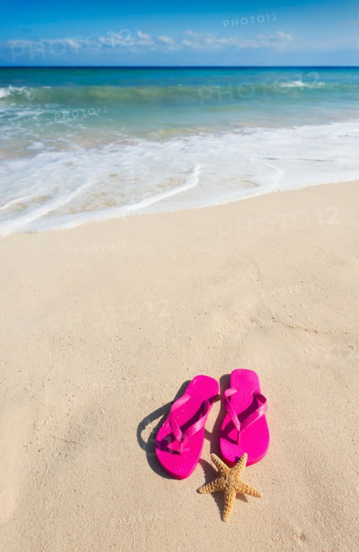 Mexico, Yucatan. Sandals with starfish on beach.