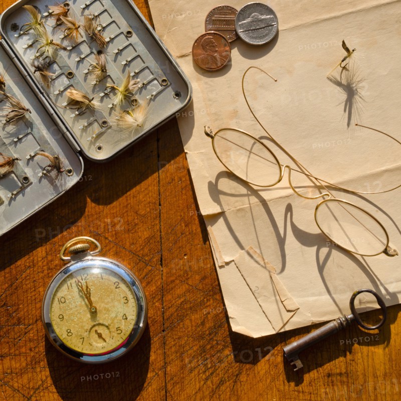Studio shot of old pocket watch glasses, coins and fake flies.