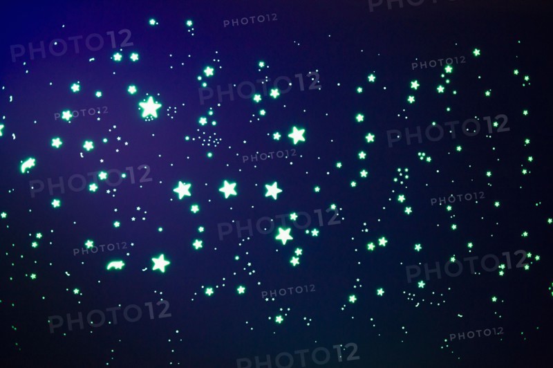 Fluorescent stars on blue background, studio shot. Photo : Jamie Grill