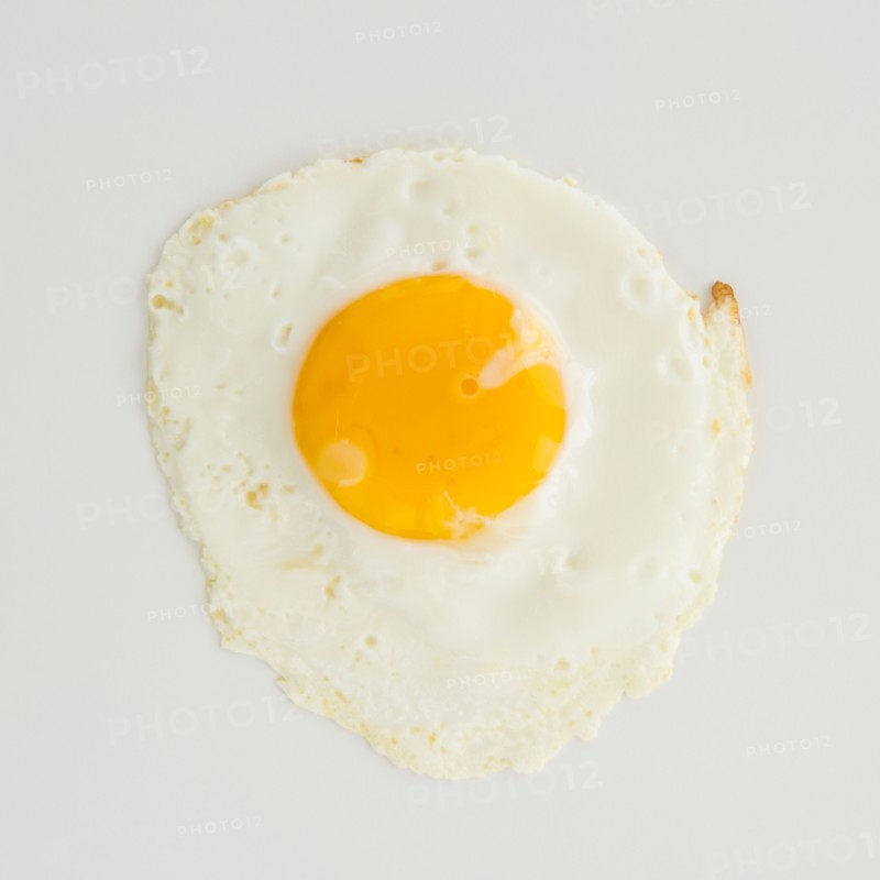 Close up of fried egg, studio shot. Photo : Jamie Grill