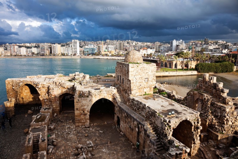 Lebanon, Sidon. Sidon Sea Castle with city panorama. Photo : Henryk Sadura