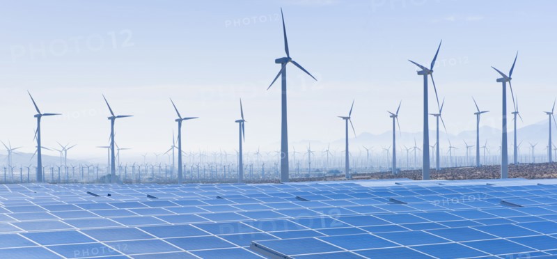 USA, California, Palm Springs, Wind farm and solar panels.