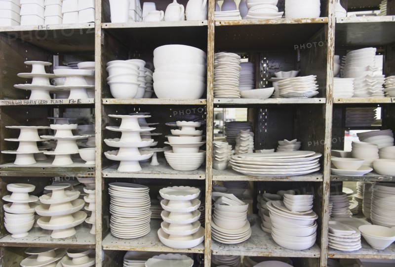 USA, New Jersey, Jersey City, Pottery on shelves.