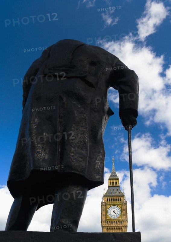 UK, England, London, Winston Churchill statue and Big Ben.
