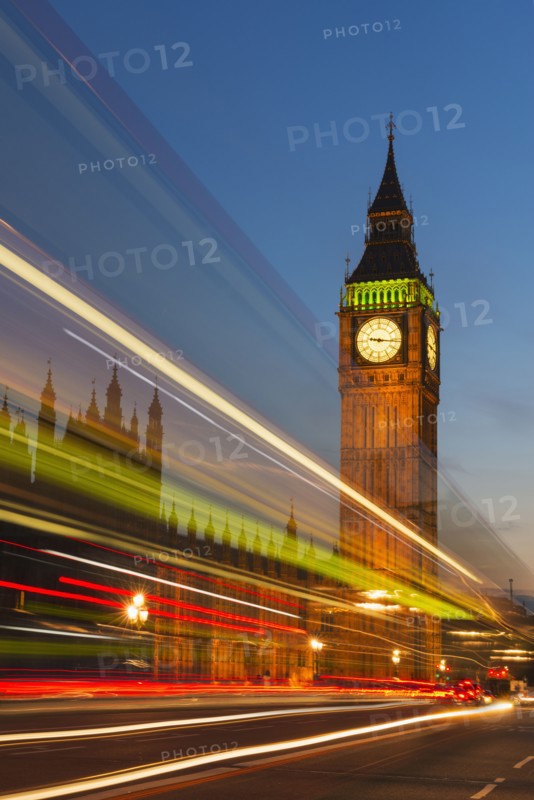 UK, England, London, Big Ben and light trails at night.