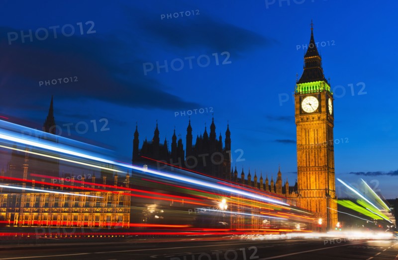 UK, England, London, Big Ben and light trails at night.