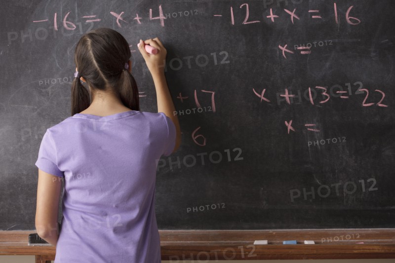 Portrait of schoolgirl (12-13) standing in front of blackboard during math classes. 
Photo : Rob Lewine