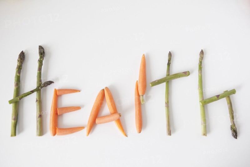 Word 'health' made out of vegetables, studio shot. 
Photo: Jessica Peterson