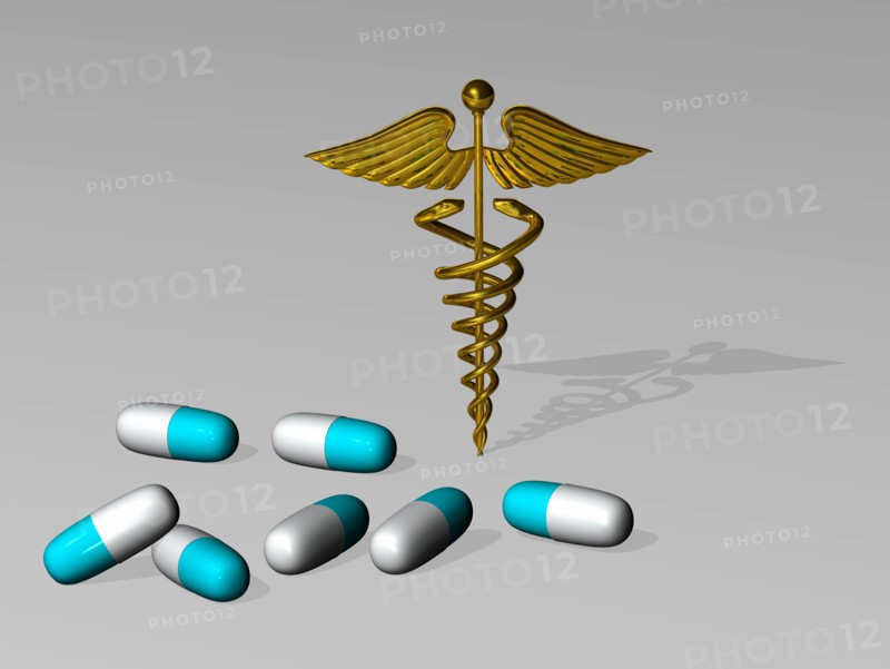 Caduceus and medicine capsules. 
Photo : Calysta Images
