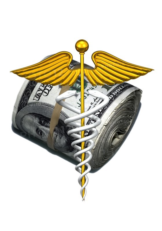 Caduceus and wad of us dollar bills. 
Photo: Calysta Images