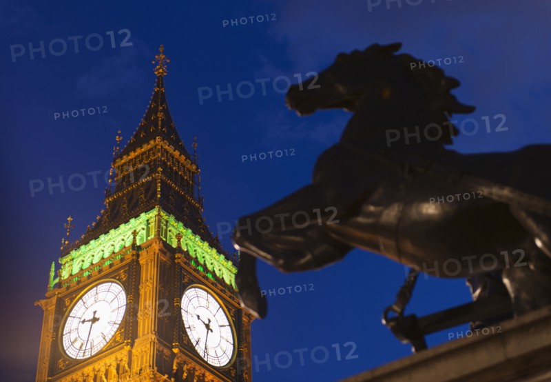 UK, London, Big Ben and horse statue.