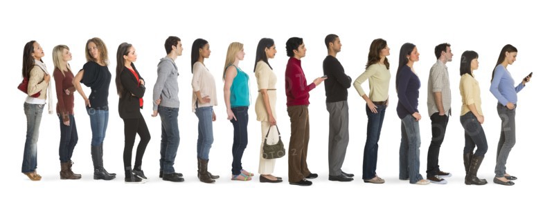 Studio shot of people waiting in line.