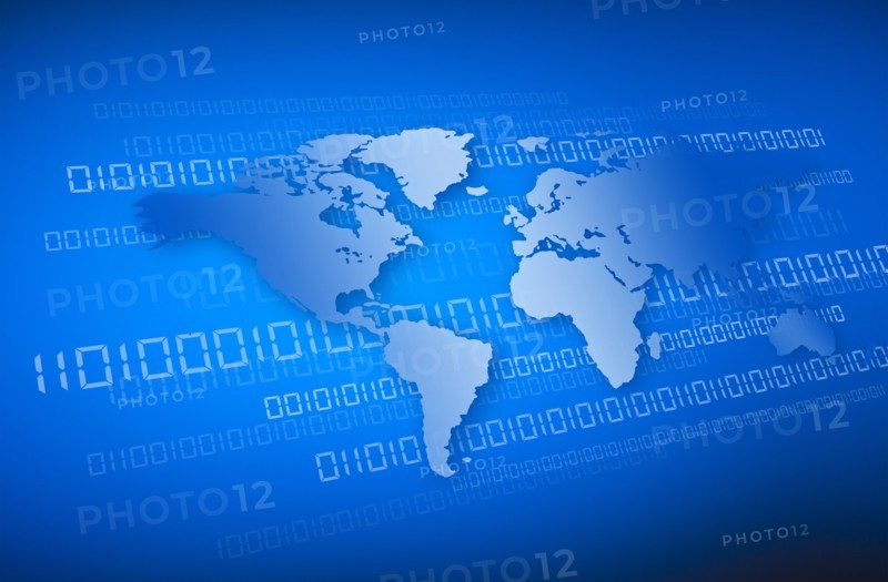 World map and binary code.