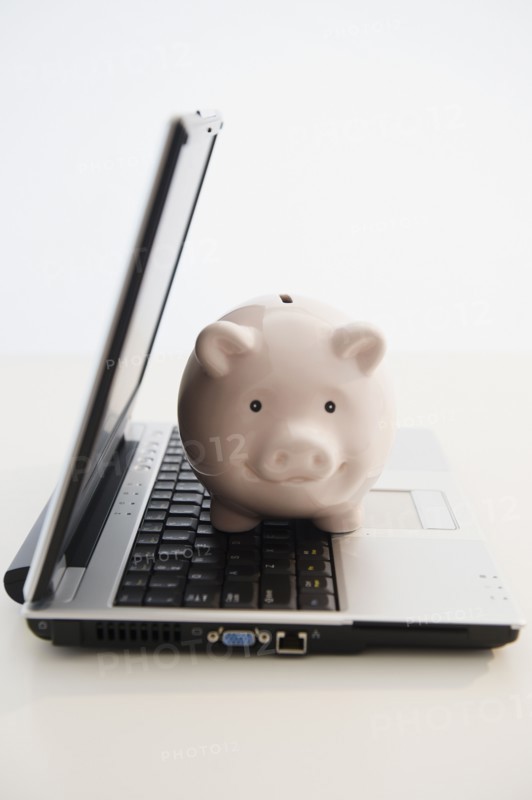 Piggybank sitting in open laptop. Photo : Jamie Grill