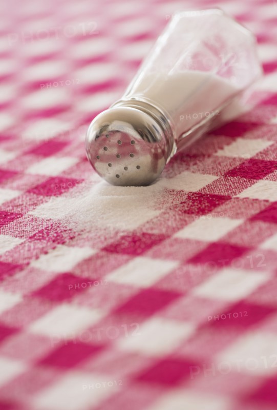 Salt shaker on checked tablecloth. Photo : Daniel Grill