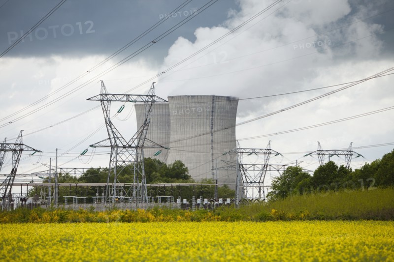 France, Rocroi, Rural landscape with power line and power station. Photo: Mike Kemp
