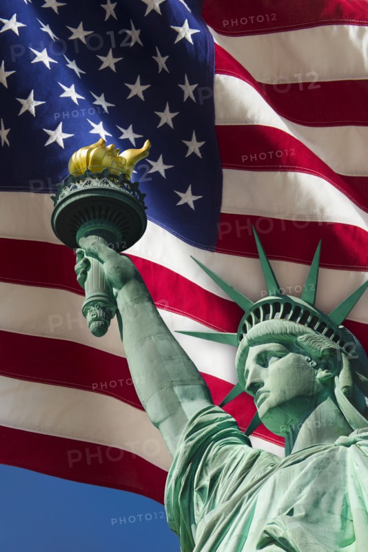 Statue of liberty under US flag.