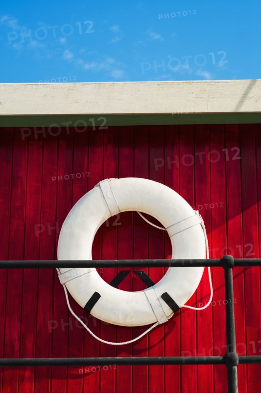 Close up of life belt on tugboat.