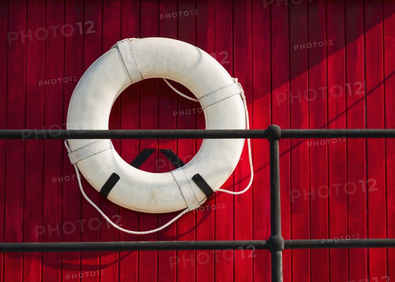 Close up of life belt on tugboat.