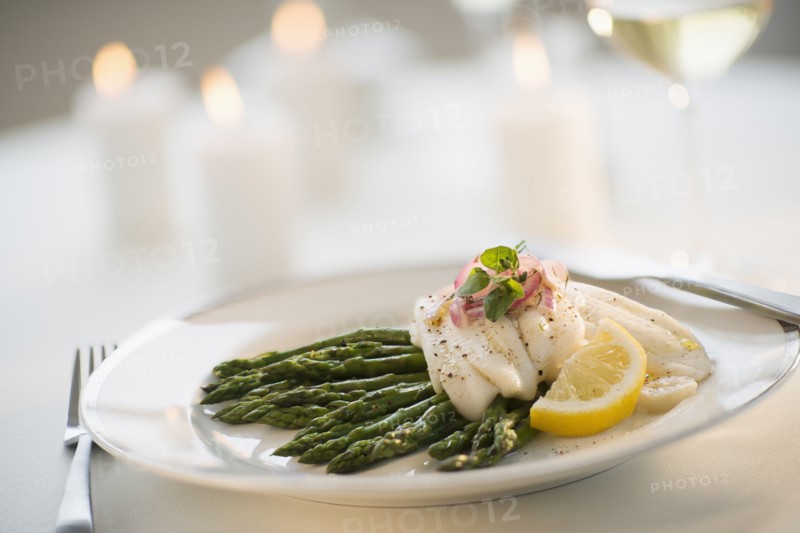 Seafood on plate in restaurant.