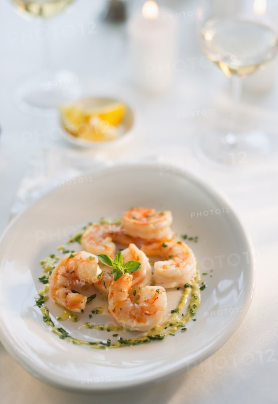 Seafood on plate in restaurant.