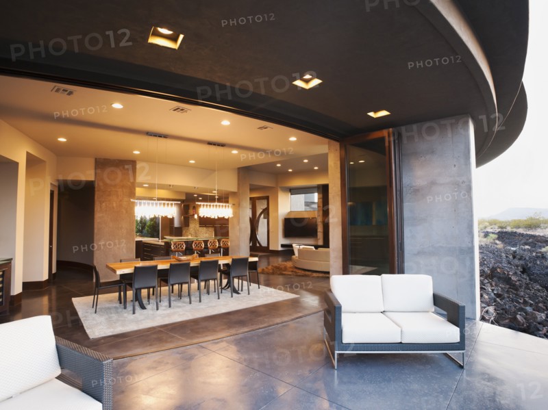Modern living room facing terrace.