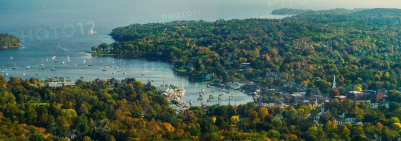 View of coastline with bay and harbor. Camden, Maine.