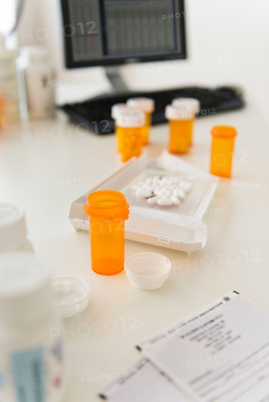 Prescription pills in laboratory.