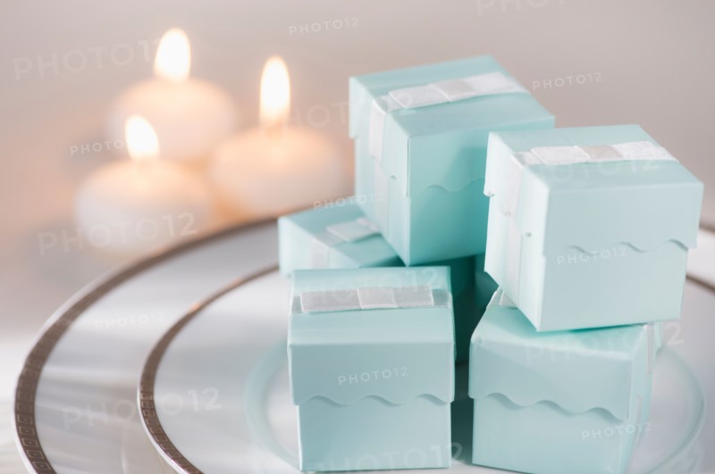 Pastel composition with gifts packages and candles
