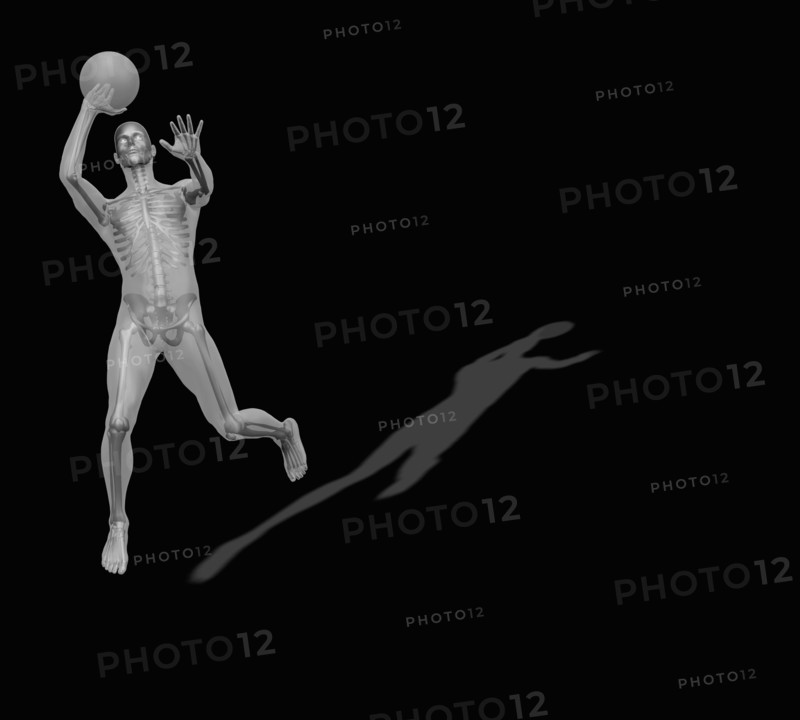 Human skeleton playing basketball