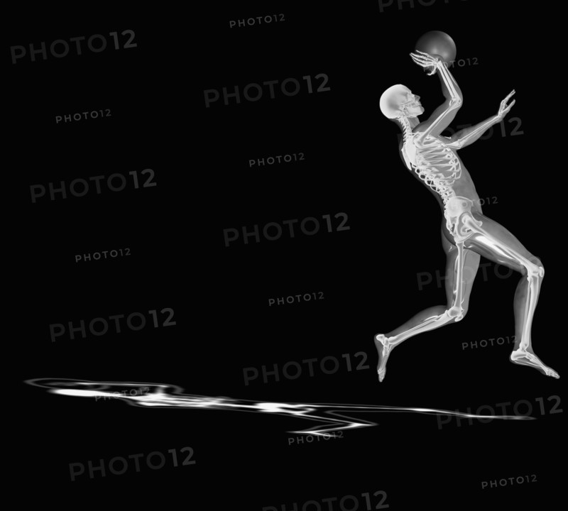 Human skeleton playing basketball