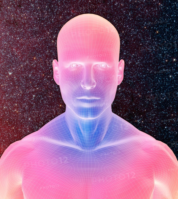 Digitally generated male figure against starry background