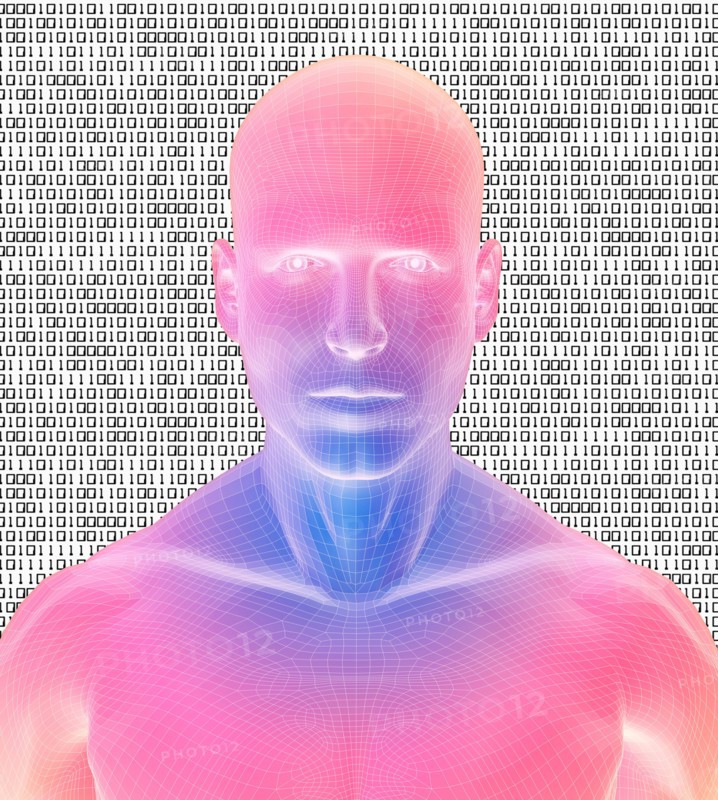 Digitally generated male figure against binary code background