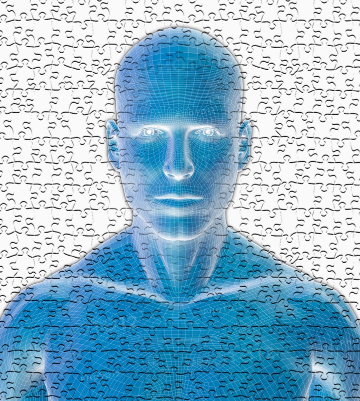 Digitally generated male figure against puzzle background