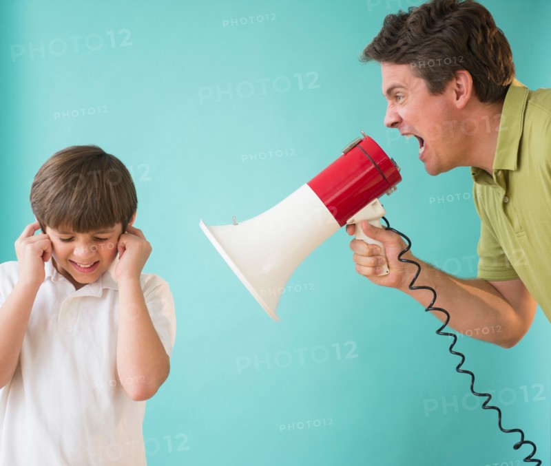 Father with megaphone yelling at son (8-9)