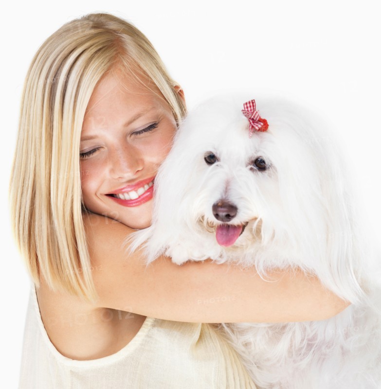 Studio Shot, Portrait of young woman holding dog