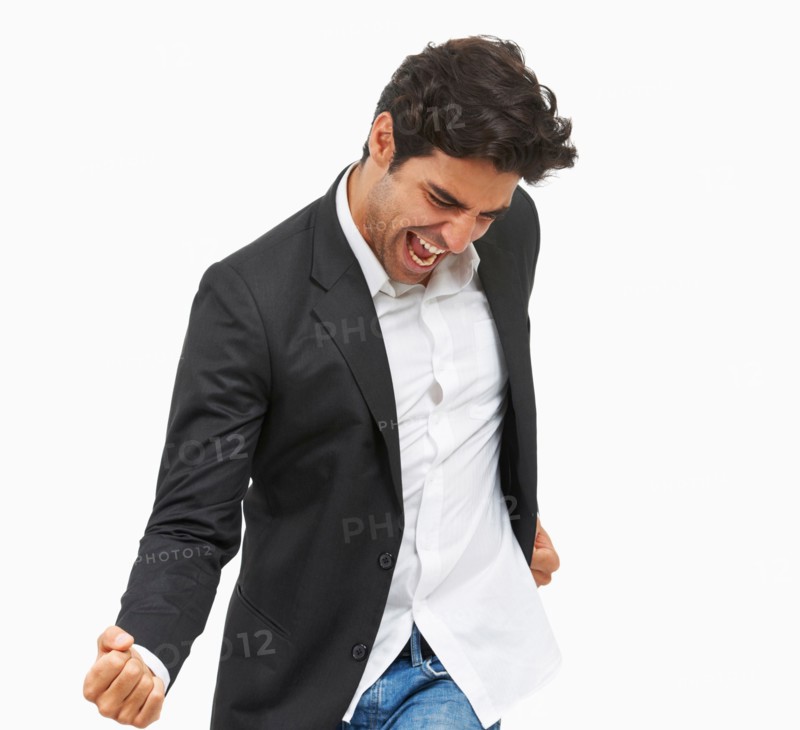 Studio portrait of stylish man cheering