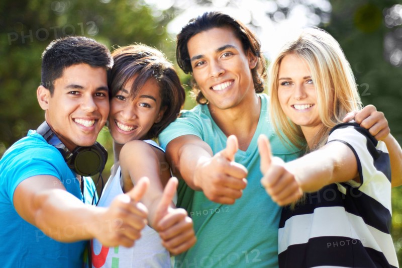 Portrait of group of friends gesturing