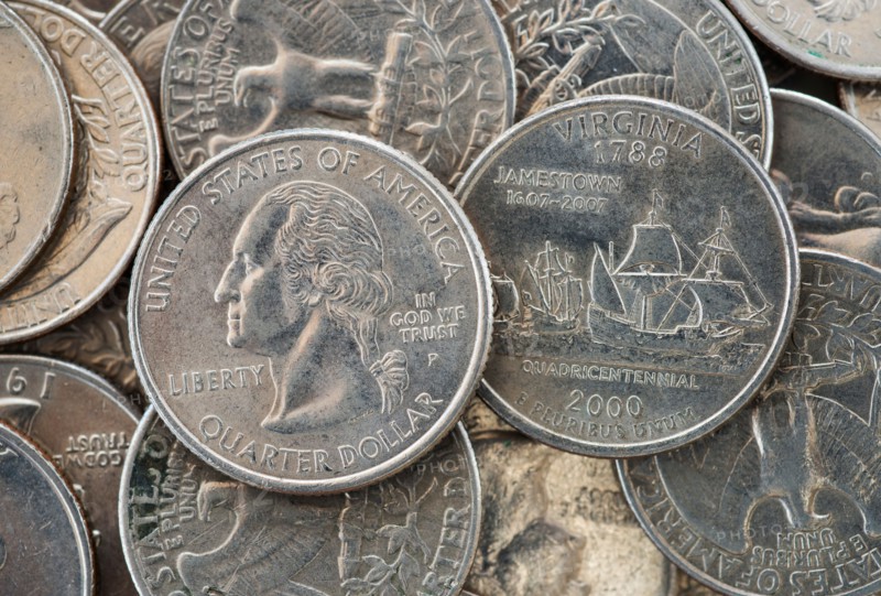 Close up of US coins, studio shot.