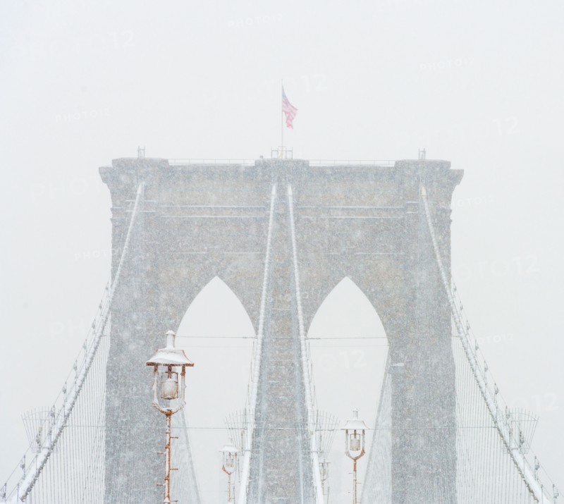 Brooklyn Bridge in winter. USA, New York State, New York.