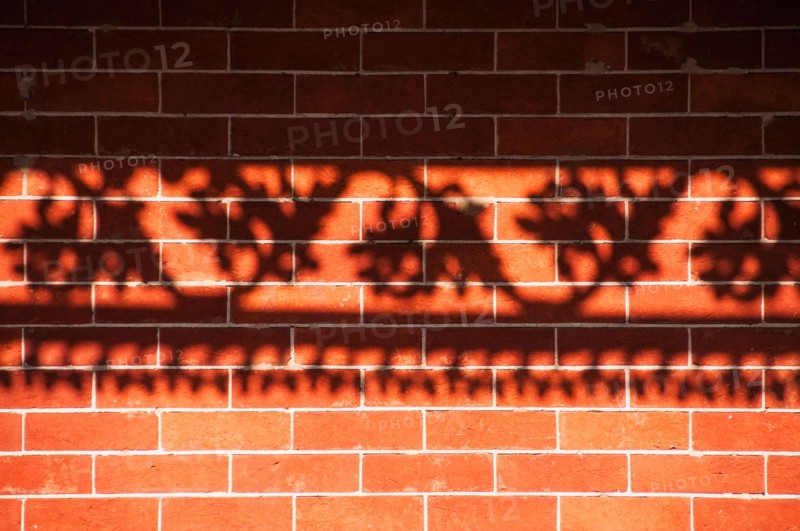Shadow of railing on brick wall